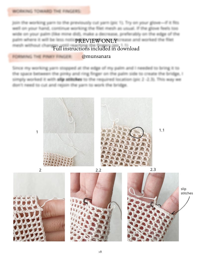 K&ouml;nnte beinhalten: Eine Seite aus einer H&auml;kelanleitung mit Schritt-f&uuml;r-Schritt-Anleitungen. Die Bilder zeigen Nahaufnahmen von geh&auml;keltem Netzstoff und den Prozess der Bildung des kleinen Fingers. Text enth&auml;lt "PREVIEW ONLY" und "slip stitches".