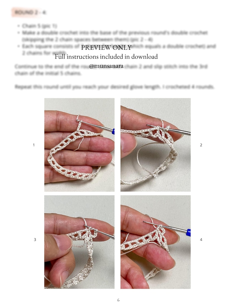 K&ouml;nnte beinhalten: Ein Schritt-f&uuml;r-Schritt-H&auml;kel-Tutorial mit vier Bildern, die den Prozess zeigen. Die Bilder zeigen einen H&auml;kelhaken, der mit cremefarbenem Garn arbeitet, um ein Spitzendesign zu erstellen. Der Text im Bild lautet "PREVIEW ONLY" und "@munsanara".