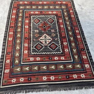 Handwoven Kilim Wool Jute Rug, Red Black Geometric Border Pattern, Boho Flat Weave