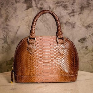May include: A brown, dome-shaped handbag with a textured snakeskin pattern. The bag features a top handle, a zipper closure, and silver-toned hardware. The color transitions from a light pink at the base to a darker brown at the top.