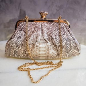 May include: A snakeskin clutch with a gold-tone frame and chain strap. The clutch features a clasp with a decorative gem. The snakeskin pattern is a mix of brown, gray, and white tones, creating a textured appearance.