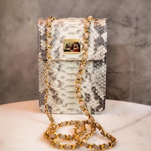 Könnte beinhalten: Eine rechteckige, cremefarbene und graue Crossbody-Tasche mit Schlangenmuster und einem goldfarbenen Kettenriemen. Die Tasche hat einen goldenen Verschluss und eine hellbeige Lederverkleidung an der Kette. Die Tasche steht auf einer weißen Oberfläche.