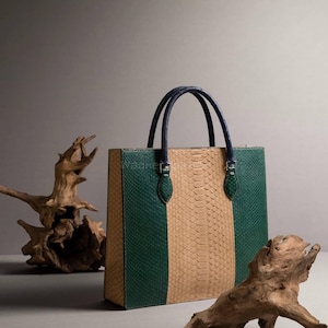 May include: A rectangular tote bag with a green and tan snakeskin pattern. The bag has a vertical green stripe down the sides and a tan center. It features navy blue handles and accents. The bag is displayed with decorative wood pieces.