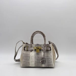 May include: A small, structured handbag with a snakeskin pattern in shades of gray and white. The bag features a top handle, a shoulder strap, and a gold-colored lock closure. The bag has a neutral-colored fabric on the sides.