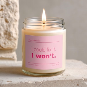 Könnte beinhalten: Eine brennende Kerze in einem klaren Glasgefäß mit einem rosa Etikett. Das Etikett enthält den Text 'Petty Flames Co.', 'I could fix it. I won't.', 'Crafted for Drama' und '4 oz - 118 ml'. Das Kerzenwachs ist cremeweiß und die Flamme leuchtet gelb.