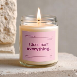 Könnte beinhalten: Eine brennende Kerze in einem Glas mit einem rosa Etikett. Auf dem Etikett steht "I document everything". Die Kerze ist 113 Gramm und trägt die Aufschrift "Petty Flames Co."