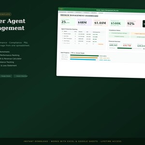 Op de afbeelding: Een donkergroene afbeelding met de tekst "Broker Agent Management PRO". De afbeelding bevat een dashboard met financiële gegevens en een lijst met functies, zoals het volgen van de prestaties van agenten. De tekst "Direct downloaden" is ook opgenomen.