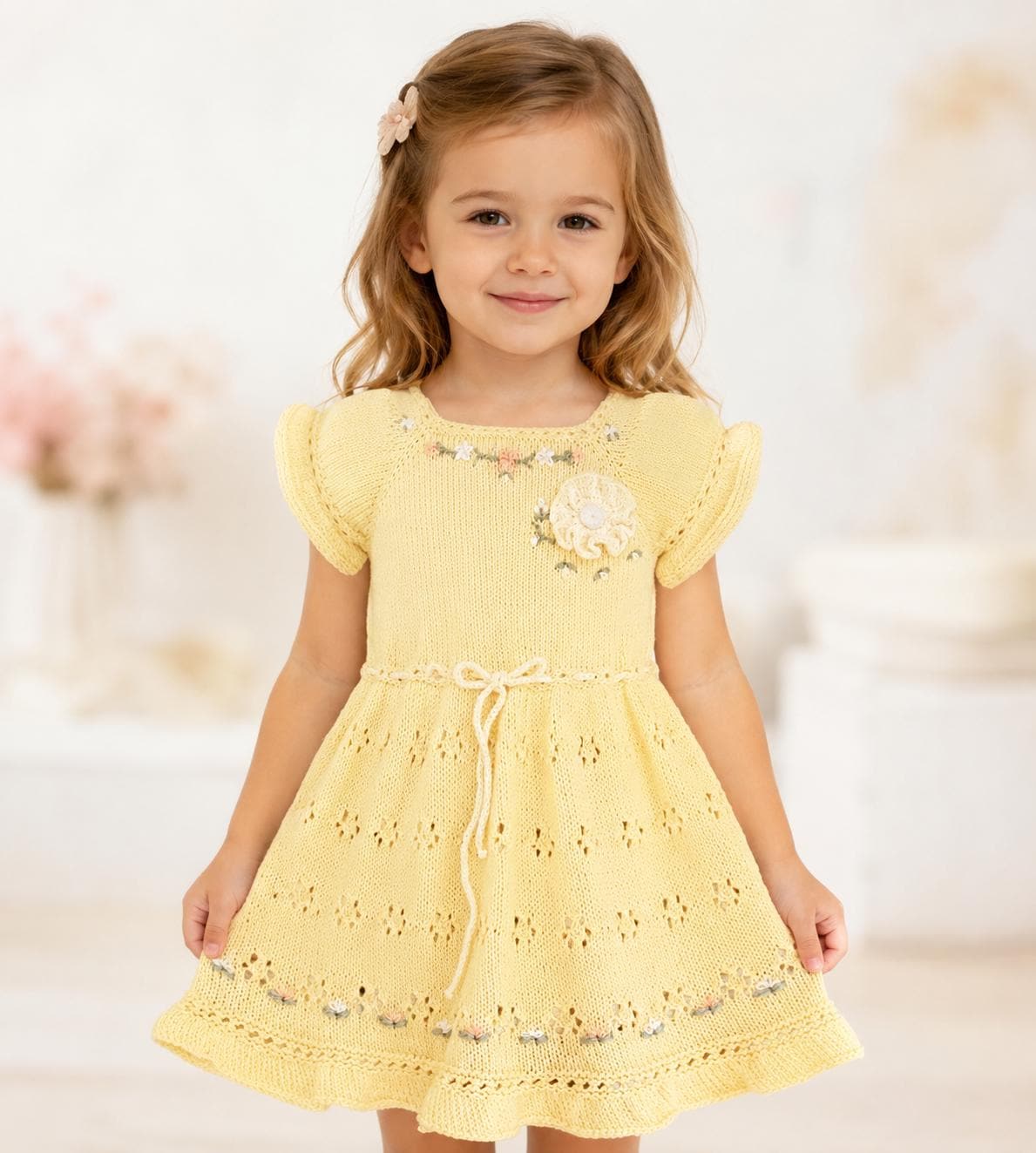 Hand Knit Yellow Cotton Toddler Dress, Embroidered Floral, Vintage Style Flower Girl