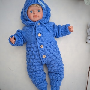 Hand Knitted Blue Bubble Stitch Baby Jumpsuit Set with Hat and Booties