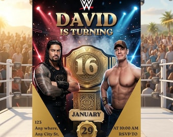 Inbjudan till brottningsfödelsedag, WWE-barninbjudan, Roman Reigns, John Cena (digital nedladdning)