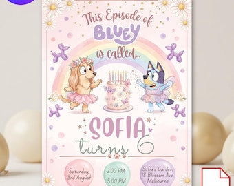Bluey födelsedagsinbjudan, redigerbar Canvas barnfestinbjudan (digital nedladdning)
