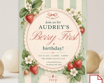 Invitación de cumpleaños de fresa para el primer cumpleaños. Plantilla de Canva para invitación imprimible digitalmente descargable. Tarjeta de invitación.