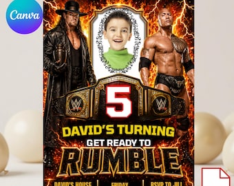 Plantilla de Canva para invitación de cumpleaños de lucha libre, invitación de cumpleaños editable, tarjeta de cumpleaños digital de la WWE para descargar.
