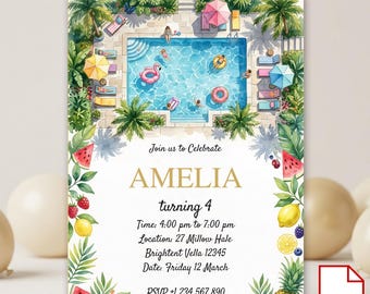 Invitación de cumpleaños para fiesta en la piscina. Plantilla de Canva para invitación de cumpleaños. Descarga digital imprimible. Tarjeta de cumpleaños para la piscina de verano.