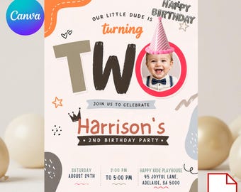 Invitación editable para segundo cumpleaños, invitación digital para fiesta de segundo cumpleaños, plantilla de Canva para invitación de cumpleaños con foto de dos niños.