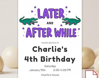 Invitación de cumpleaños con temática de caimanes. Plantilla de Canva para invitación de cumpleaños con temática de caimanes. Descarga digital imprimible. Tarjeta de cumpleaños con temática de caimanes.