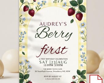 Invitación de cumpleaños con diseño de fresas. Plantilla de Canva para invitación de primer cumpleaños. Tarjeta de cumpleaños con diseño de fresas. Descarga digital imprimible.