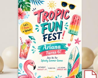 Invitación de cumpleaños para fiesta en la piscina de verano, plantilla de invitación de cumpleaños en Canva, invitación editable, tarjeta de descarga digital