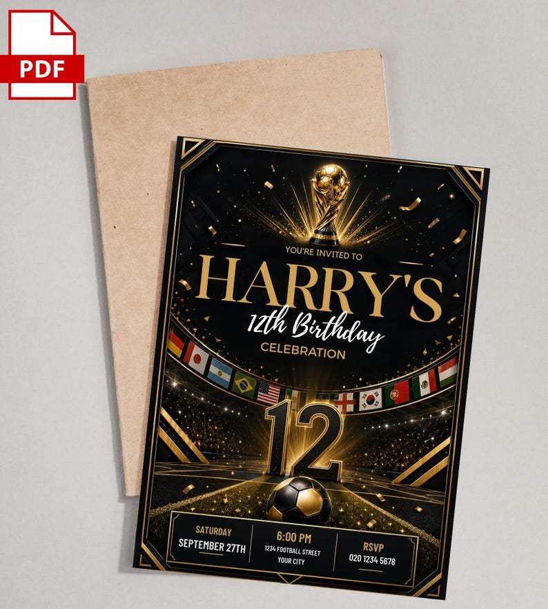 May include: A black and gold birthday invitation card featuring a soccer trophy, a soccer ball, and a stadium background with international flags. The text reads: YOU'RE INVITED TO HARRY'S 12th Birthday CELEBRATION, SATURDAY SEPTEMBER 27TH, 6:00 PM.