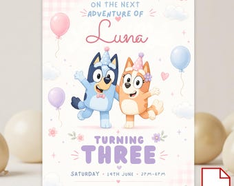 Invitación de cumpleaños de Bluey, editable en Canva para fiesta infantil (descarga digital)