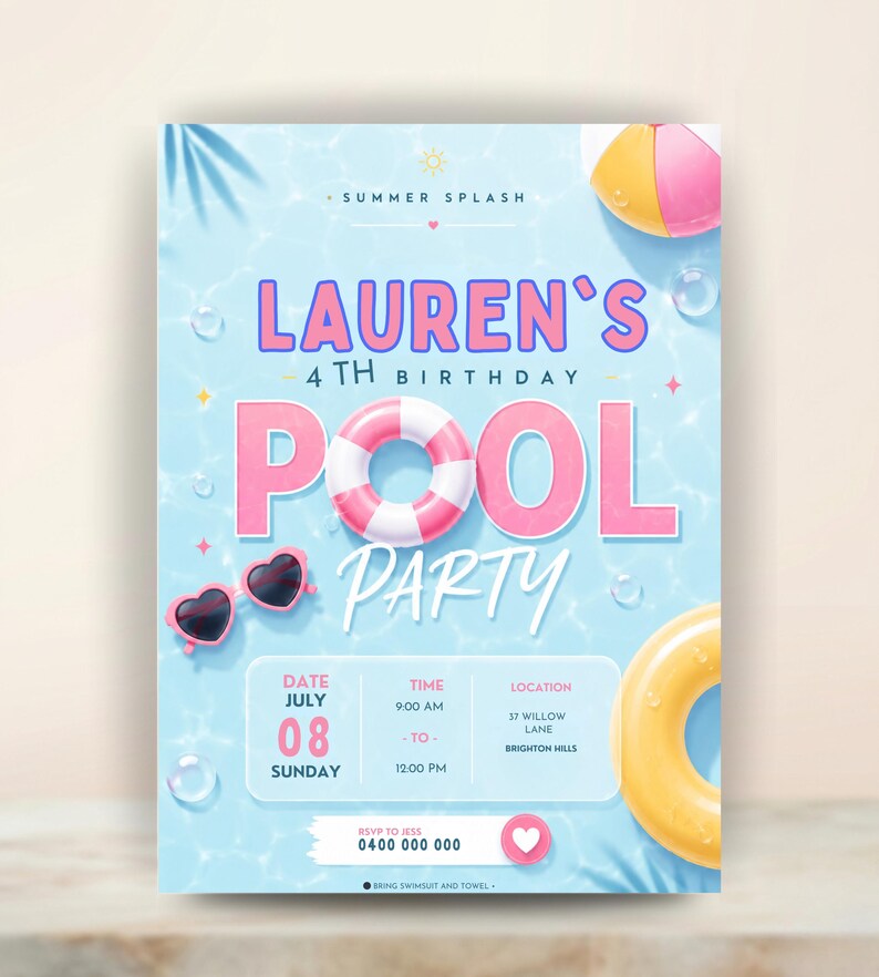 Pool Party Birthday Invitation, Summer Splash Canva Template (digital ...