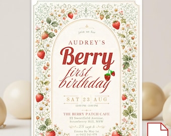 Invitación de cumpleaños de fresa para el primer cumpleaños. Plantilla de Canva para invitación imprimible digitalmente descargable. Tarjeta de invitación.