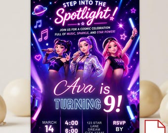 Födelsedagsinbjudan Kpop Demon Hunters Party, födelsedagsinbjudan Canva-mall, utskrivbart Kpop-födelsedagskort