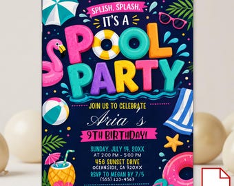 Invitación de cumpleaños para fiesta en la piscina, invitación de cumpleaños de verano, plantilla de Canva, invitación editable, tarjeta de descarga digital