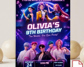 Mall för födelsedagsinbjudan till Kpop Demon Hunters | Redigerbar Canvas-mall | Kpop Anime-inbjudan | Utskrivbart kort för barn | Digital nedladdning