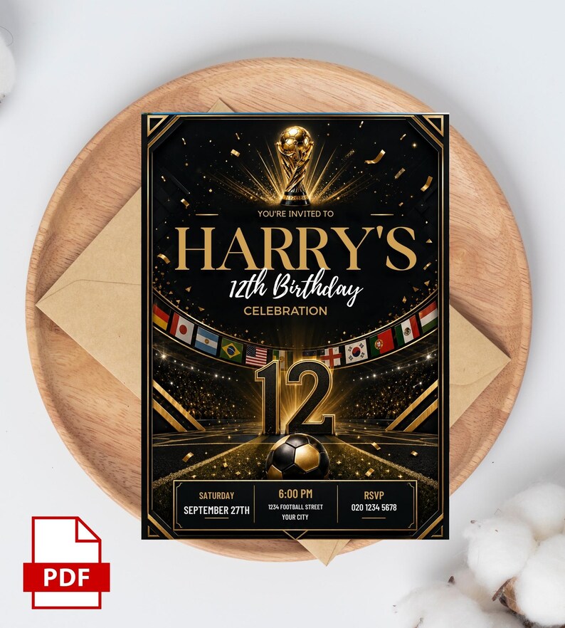 May include: A black and gold soccer-themed birthday invitation card featuring a trophy graphic, a stadium background with international flags, and the text: YOU'RE INVITED TO HARRY'S 12th BIRTHDAY CELEBRATION, SATURDAY SEPTEMBER 27TH, 6:00 PM, 1234 FOOTBALL STREET, YOUR CITY, RSVP 020 1234 5678.