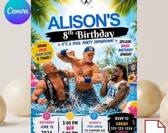 WWE Pool Party Birthday Invitation, Wrestling Theme, Canva Template (Digital Download) Wrestling 123