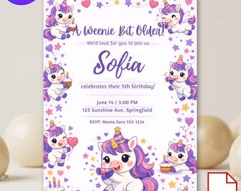 Inbjudan till enhörningsfödelsedag, pastellrosa lila, flickas 5-årsdag (digital nedladdning)