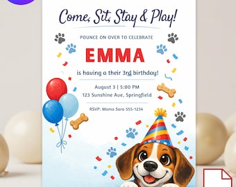 Inbjudan till valpfödelsedag, mall för hundtassar, 3-årsdag för barn (digital nedladdning)