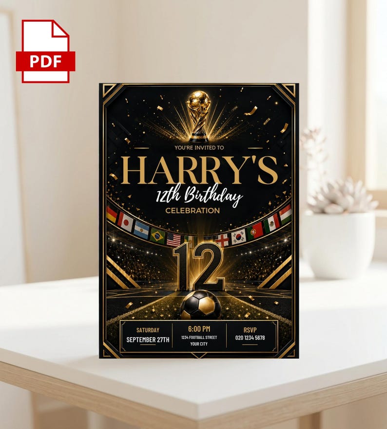 May include: A black and gold birthday invitation card featuring a soccer trophy, a soccer ball, and international flags. The text reads: YOU'RE INVITED TO HARRY'S 12th BIRTHDAY CELEBRATION, SATURDAY SEPTEMBER 27TH, 6:00 PM, 1234 FOOTBALL STREET, YOUR CITY, RSVP 020 1234 5678.