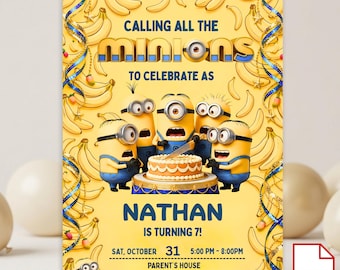 Födelsedagsinbjudan Minions-tema, födelsedagsinbjudan Canva-mall, redigerbar inbjudan digital nedladdning