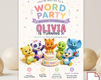 Word Party Födelsedagsinbjudan Canva-mall, redigerbar födelsedagsinbjudan, digital nedladdning födelsedagskort direktnedladdning