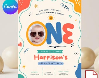 Invitación de primer cumpleaños, primer cumpleaños, invitación personalizada con foto a color, plantilla editable de Canva, descarga digital