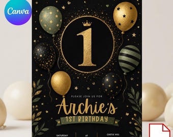 Plantilla de Canva para invitación de primer cumpleaños "Diversión al cumplir un año", invitación para el primer cumpleaños del bebé, tarjeta de cumpleaños editable.