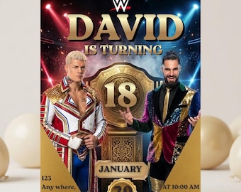 Plantilla de Canva para invitación de cumpleaños de lucha libre WWE, invitación para fiesta infantil, descarga digital imprimible.