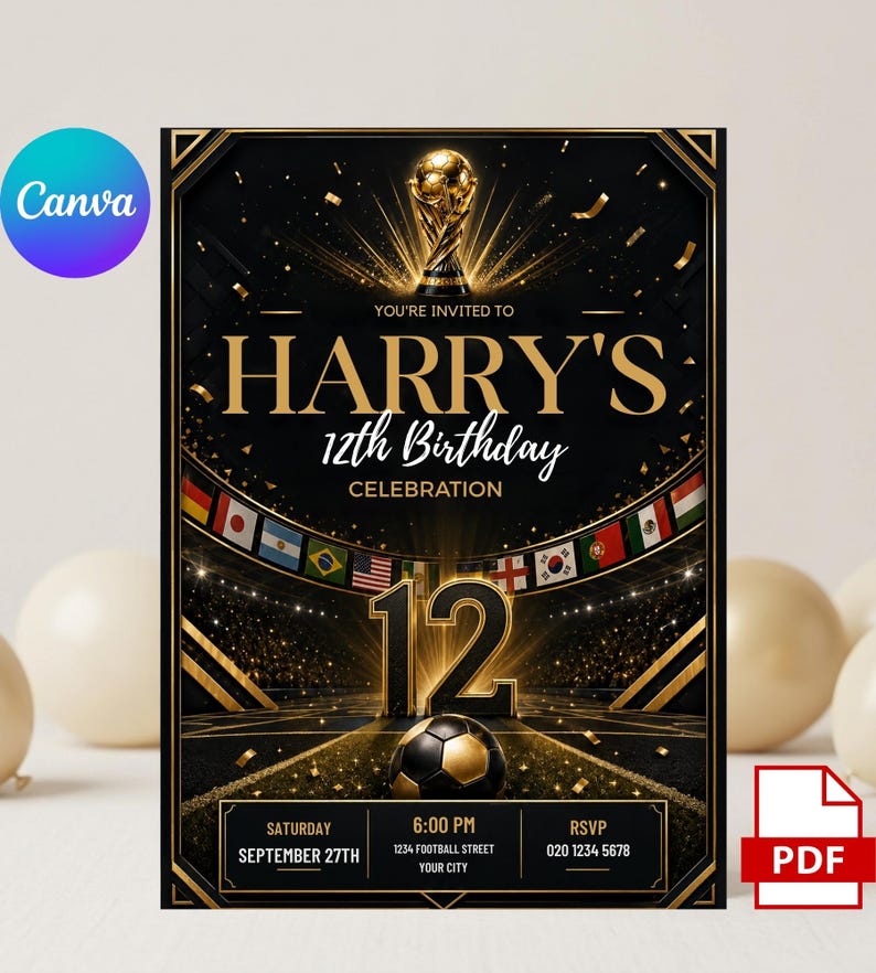 May include: A black and gold birthday invitation card featuring a soccer trophy, a soccer ball, and a stadium background. The text reads: YOU'RE INVITED TO HARRY'S 12th Birthday CELEBRATION, SATURDAY SEPTEMBER 27TH, 6:00 PM, 1234 FOOTBALL STREET YOUR CITY, RSVP 020 1234 5678.