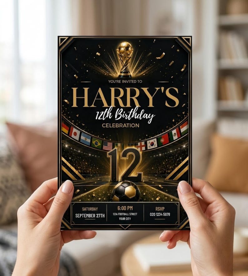 May include: A black birthday invitation card featuring a gold trophy, a soccer ball, and the text "YOU'RE INVITED TO HARRY'S 12th Birthday CELEBRATION". The design includes a stadium background, international flags, and event details.
