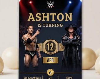 Invitación de cumpleaños de lucha libre en Canva, editable, para fiestas infantiles de la WWE, plantilla digital imprimible para descargar.