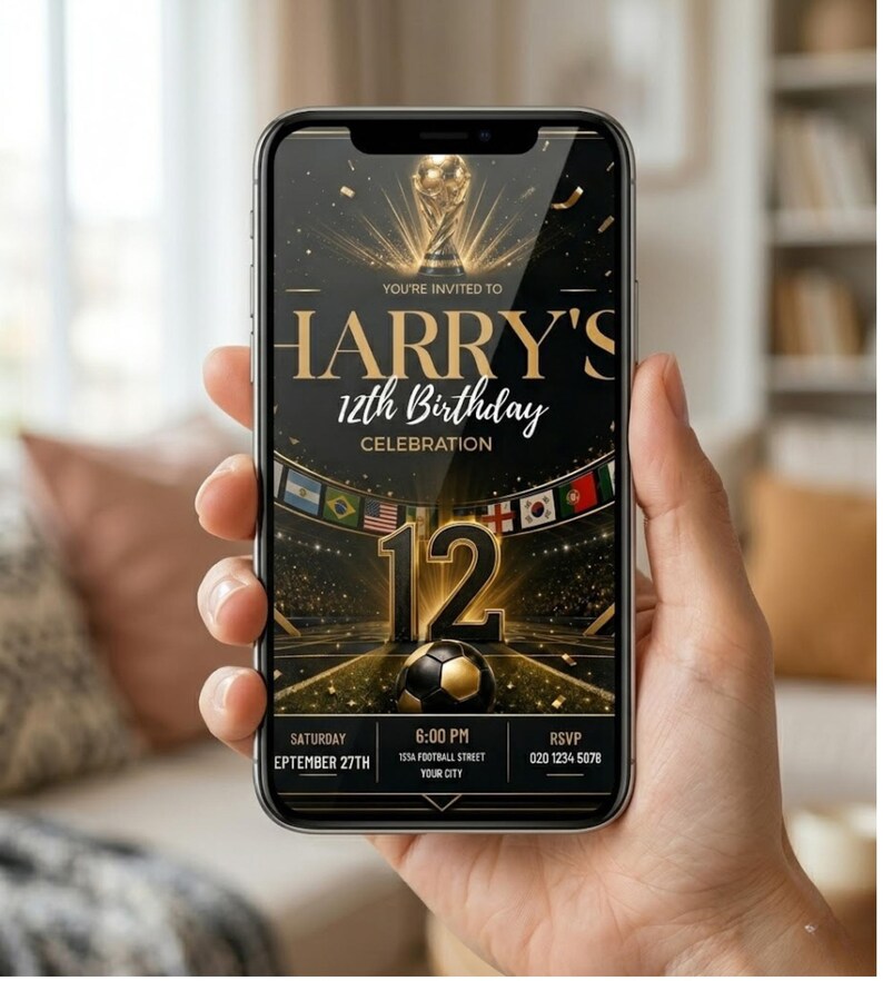 May include: A smartphone displaying a digital birthday invitation for Harry's 12th birthday celebration. The design features a gold trophy, a soccer ball, stadium lights, and international flags. Text includes date, time, location, and RSVP details.