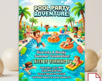 Födelsedagsinbjudan Minecraft Poolpartyinbjudan Canva-mall utskrivbar kort direktnedladdning digital nedladdning