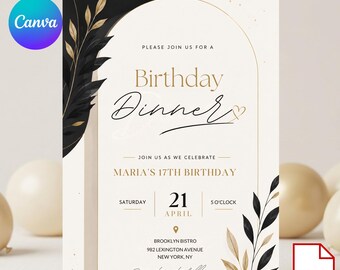 Plantilla elegante de Canva para invitación a cena de cumpleaños, invitación de cumpleaños editable, tarjeta de invitación para cena descargable digitalmente