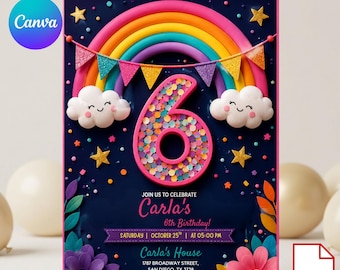 Invitación de sexto cumpleaños, plantilla editable de Canva, lentejuelas arcoíris, purpurina, tarjeta de sexto cumpleaños imprimible, plantilla de invitación digital para fiestas infantiles.