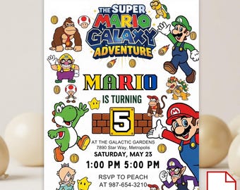 Födelsedagsinbjudan Super Mario Galaxy Adventure, födelsedagsinbjudan Canva-mall, redigerbar inbjudan digital nedladdning
