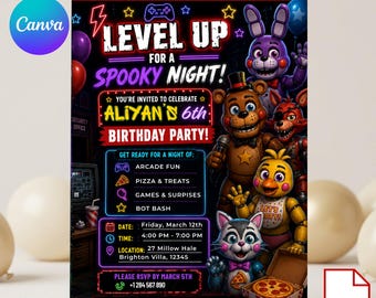 Invitación para fiesta de cumpleaños de Five Nights at Freddy's (FNAF) / Invitación para niños / Diseño editable en Canva / Plantilla de descarga digital instantánea