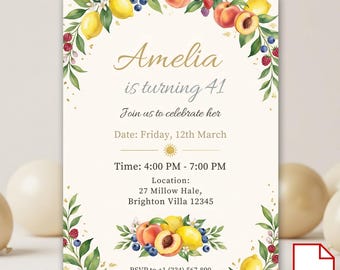 Invitación de cumpleaños con diseño floral veraniego y frutal. Plantilla de Canva para imprimir. Descarga digital. Tarjeta de cumpleaños con diseño de limón y melocotón.