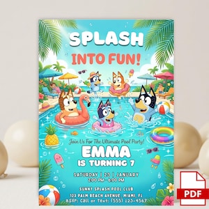 Könnte beinhalten: Eine farbenfrohe Poolparty-Einladung mit dem Text "SPLASH INTO FUN!" und "EMMA IS TURNING 7". Die Einladung zeigt Zeichentrickfiguren in einer Pool-Umgebung mit Palmen und Strandaccessoires.